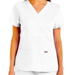 Greys Anatomy Mock Wrap Scrub top in white. Large, gently used.